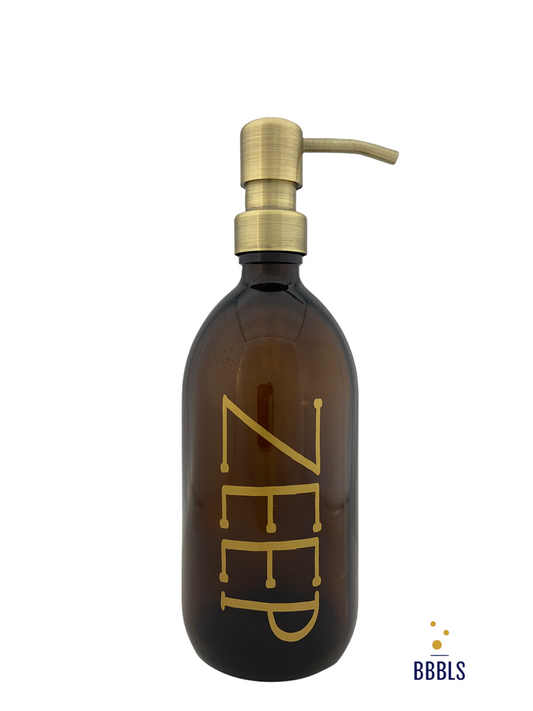 Zeep 500ml amber glas dispenser met RVS gouden pomp